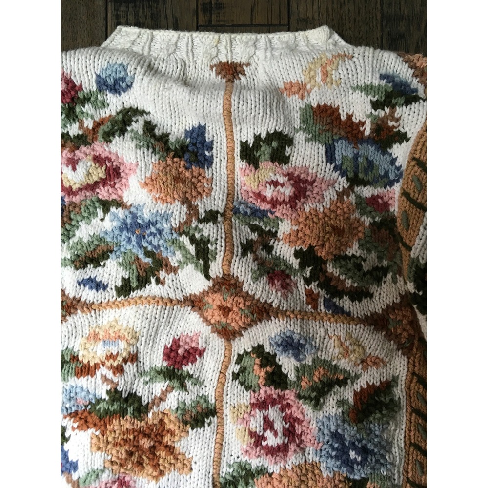 Cristal-Kobe Vintage Floral Tapestry Chunky Knit Sweater Petite Cream Multi 90s - Picture 9 of 14